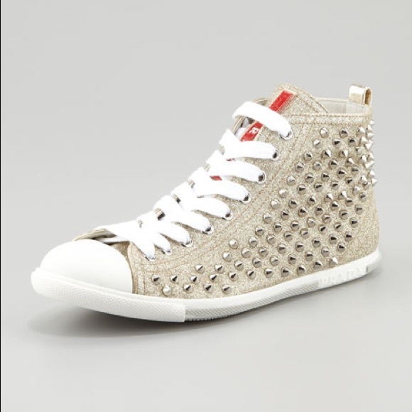 Prada Shoes - PRADA Studded Glitter High-Top Sneaker, Gold